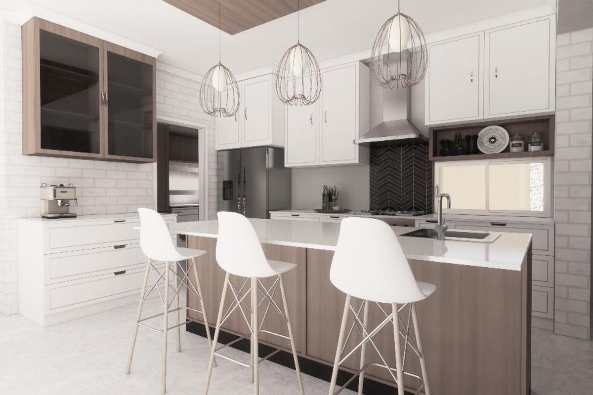Modern kitchen featuring a central island, white cabinetry, herringbone tile backsplash, stainless steel extractor fan, and integrated sink.
