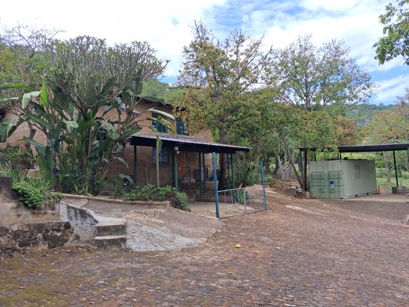 Exterior view of a farm property featuring a cobblestone driveway, covered patio area, and a secondary shipping container structure set among mature trees.