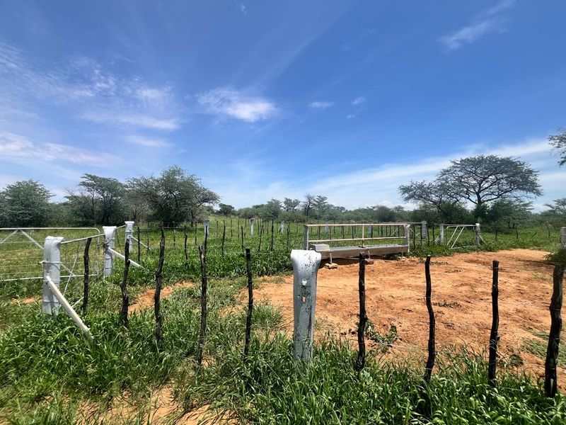 An open farm paddock featuring wire fencing, wooden posts, a metal gate, and a livestock water trough set in a natural landscape.