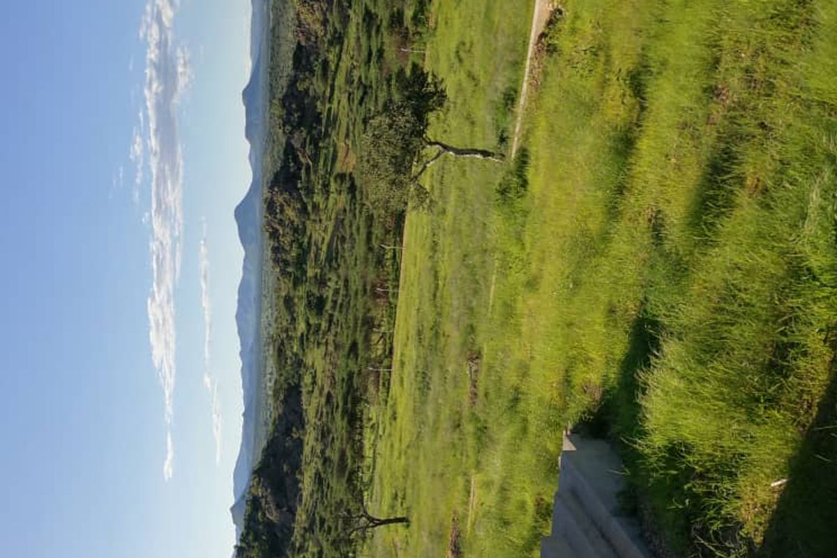 Expansive scenic view overlooking a natural landscape with rolling hills and mountains, viewed from a raised concrete patio area.