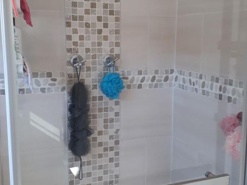 A modern shower enclosure featuring a rainfall shower head, decorative mosaic tile accents, and a glass screen.