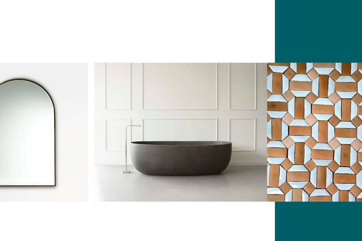 A collage showcasing bathroom design elements including a modern arched mirror, a freestanding bathtub, and decorative terracotta-style wall tiling.
