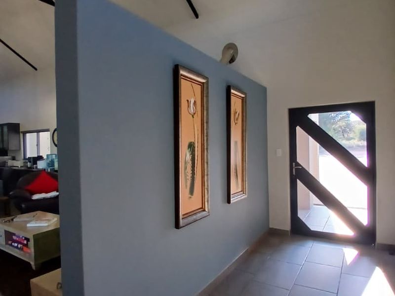 Welcoming entrance hall featuring a striking blue feature wall, vaulted ceilings with exposed trusses, and modern tiled flooring leading into the open-plan living area.