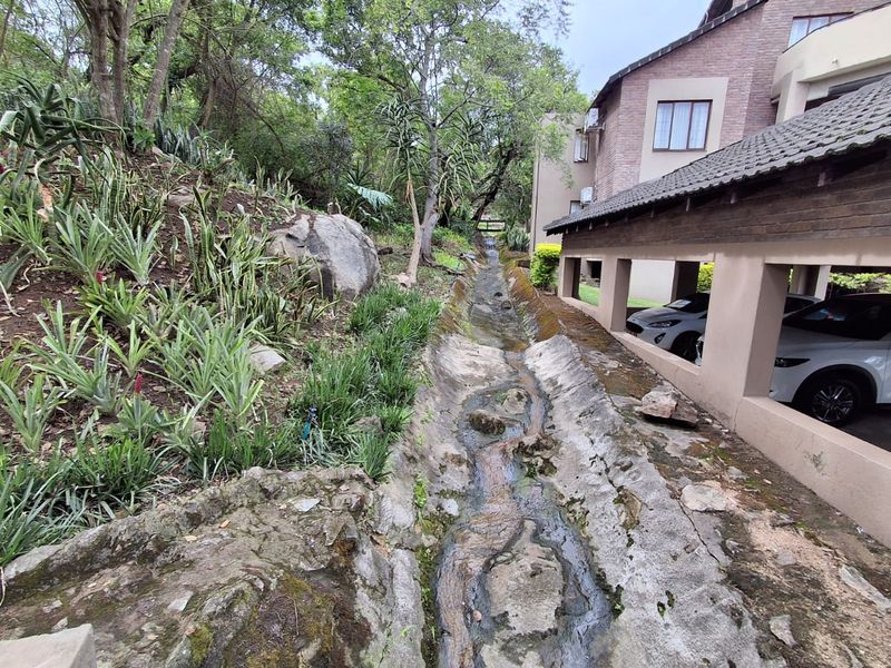 Exterior view of the property featuring a natural drainage channel, landscaped hillside, and a covered parking area adjacent to the building.