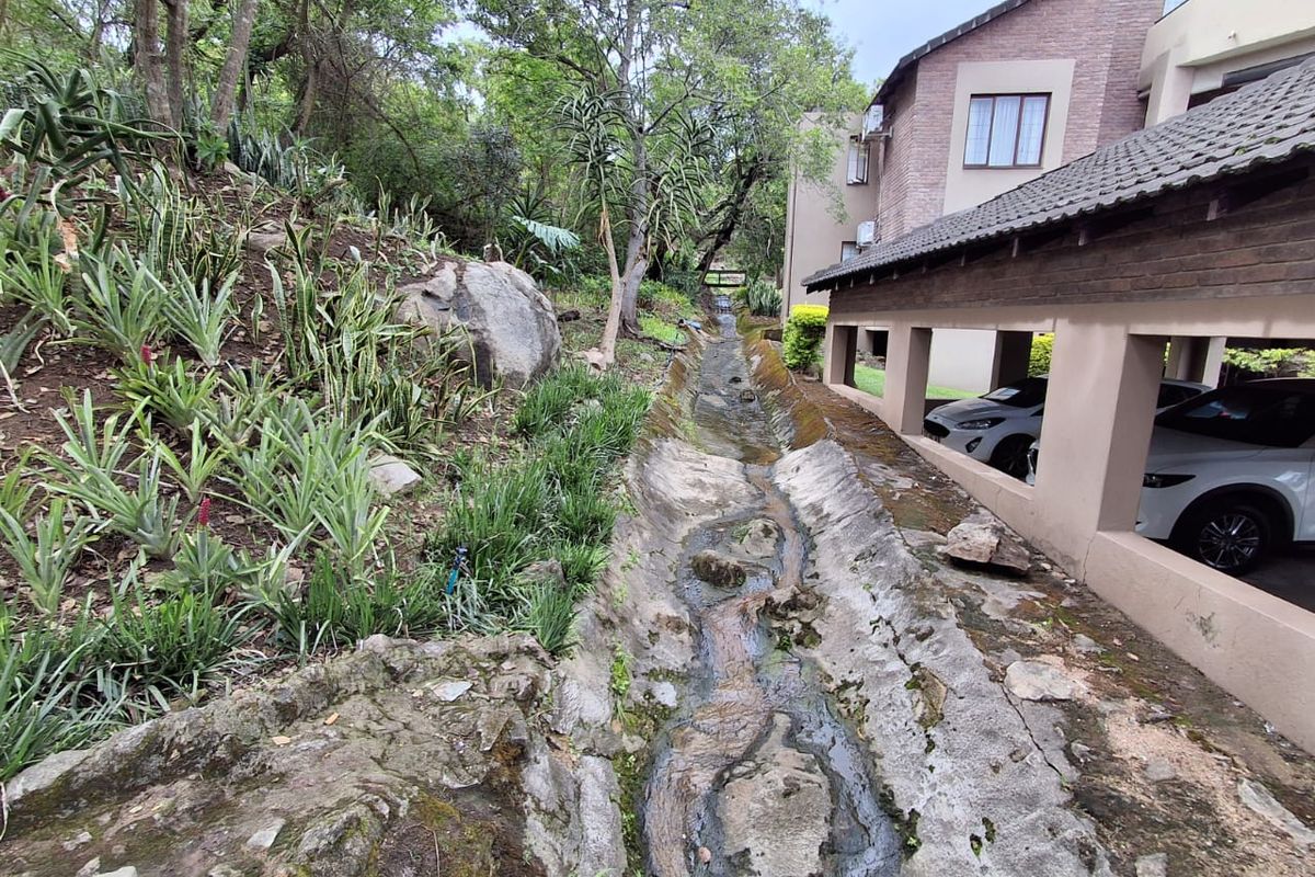 Exterior view of the property featuring a natural drainage channel, landscaped hillside, and a covered parking area adjacent to the building.