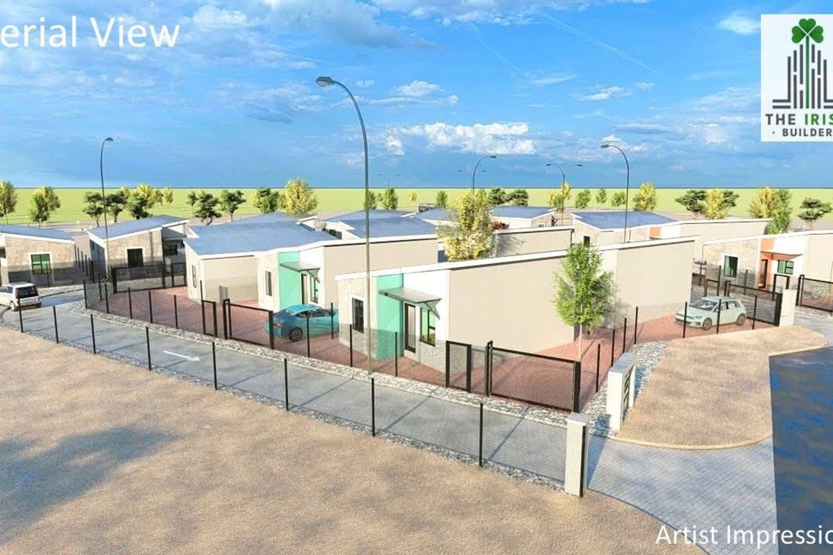 An aerial artist impression of a modern residential housing development featuring multiple detached units with paved driveways and perimeter fencing.