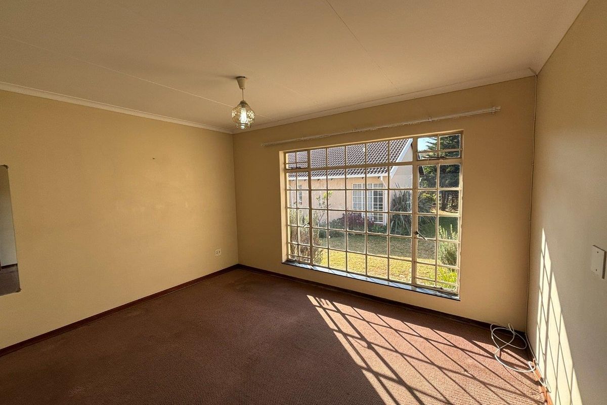 A vacant bedroom featuring a large steel-framed window, carpeted flooring, and neutral wall tones, offering a blank canvas for potential updates.