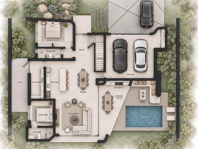 A detailed architectural floor plan showing the layout of the ground floor, including living areas, bedrooms, garage, pool, and outdoor entertainment spaces.