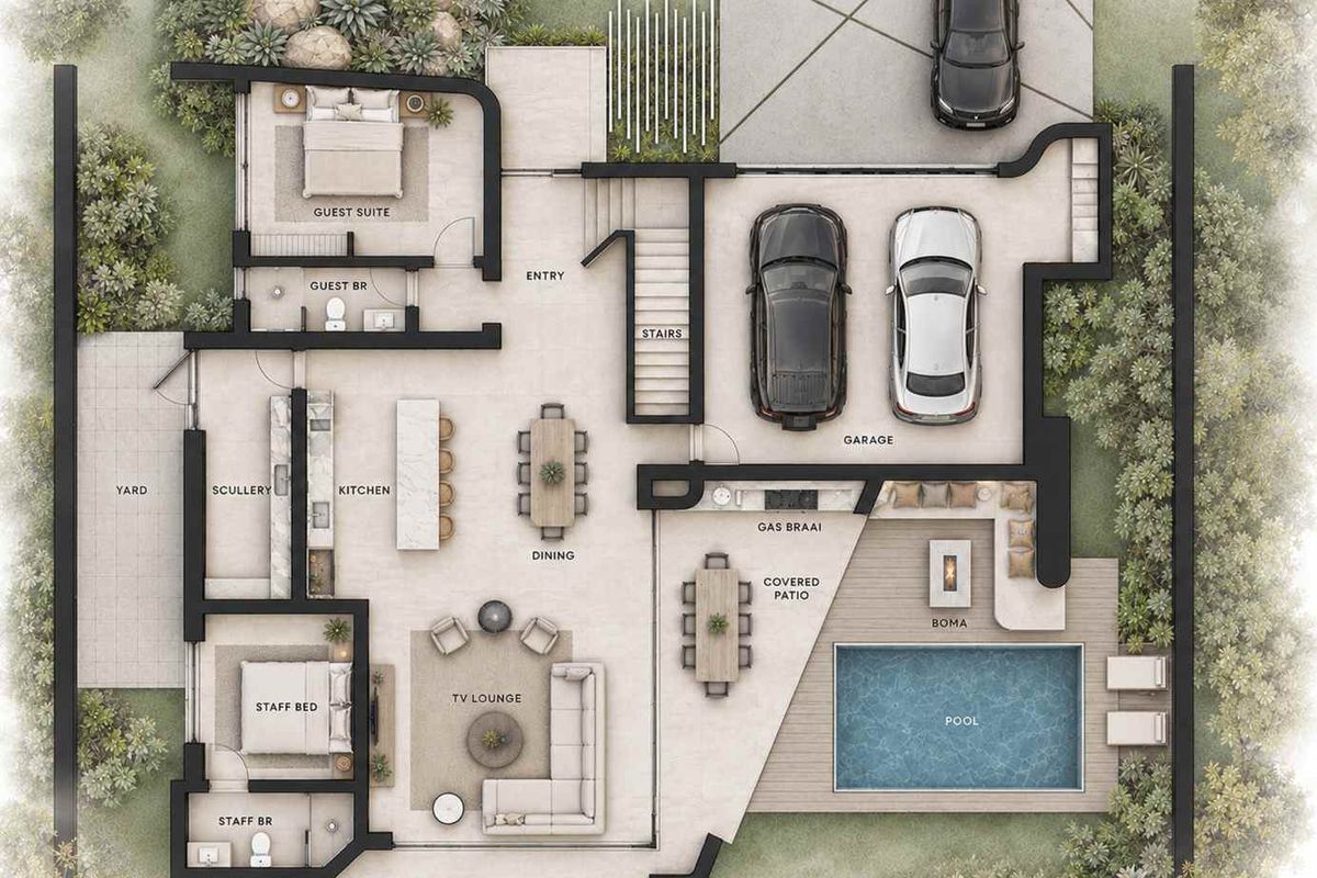 A detailed architectural floor plan showing the layout of the ground floor, including living areas, bedrooms, garage, pool, and outdoor entertainment spaces.
