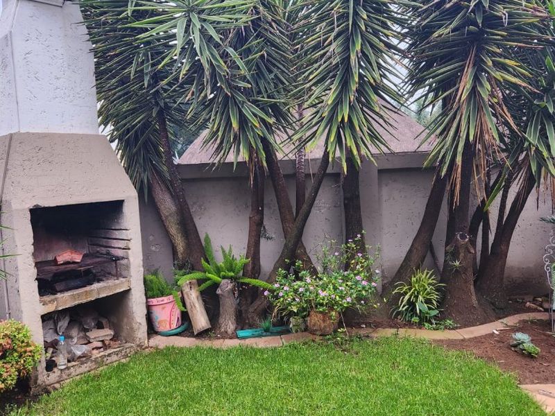 A private rear garden area featuring a built-in masonry braai, established yucca trees, and a well-maintained lawn enclosed by a perimeter wall.