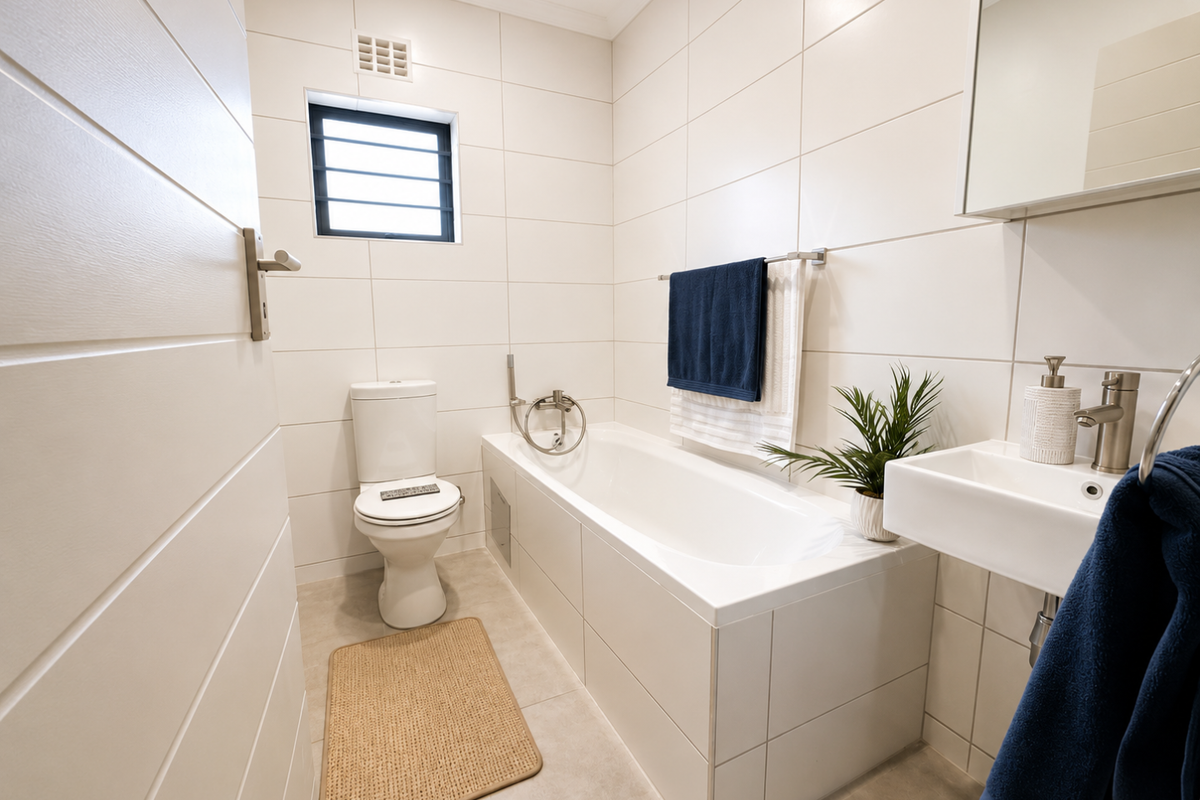 A clean, modern bathroom featuring white wall tiles, a built-in bathtub, a wall-mounted basin, and a standard toilet.