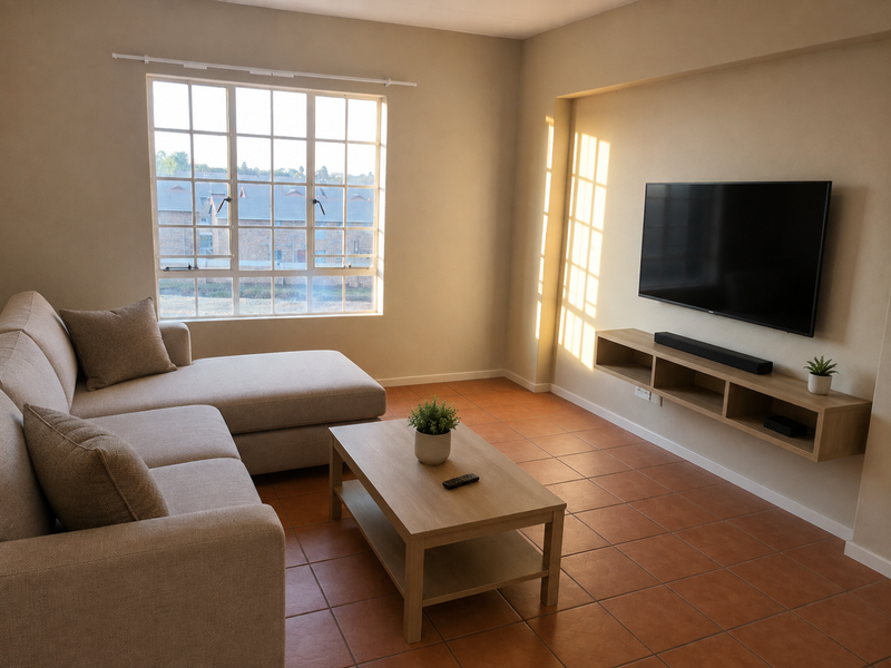 A bright living room featuring terracotta floor tiles, a large grid-pattern window, and a custom floating media console.
