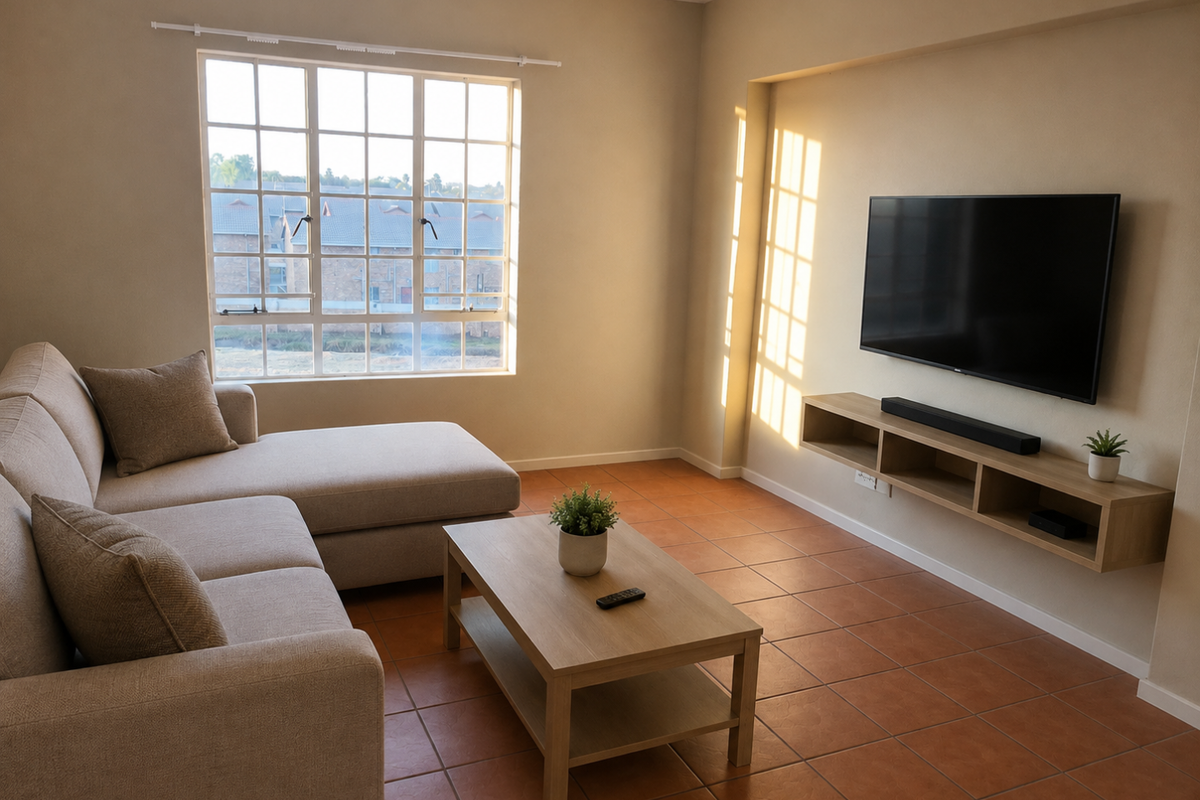 A bright living room featuring terracotta floor tiles, a large grid-pattern window, and a custom floating media console.