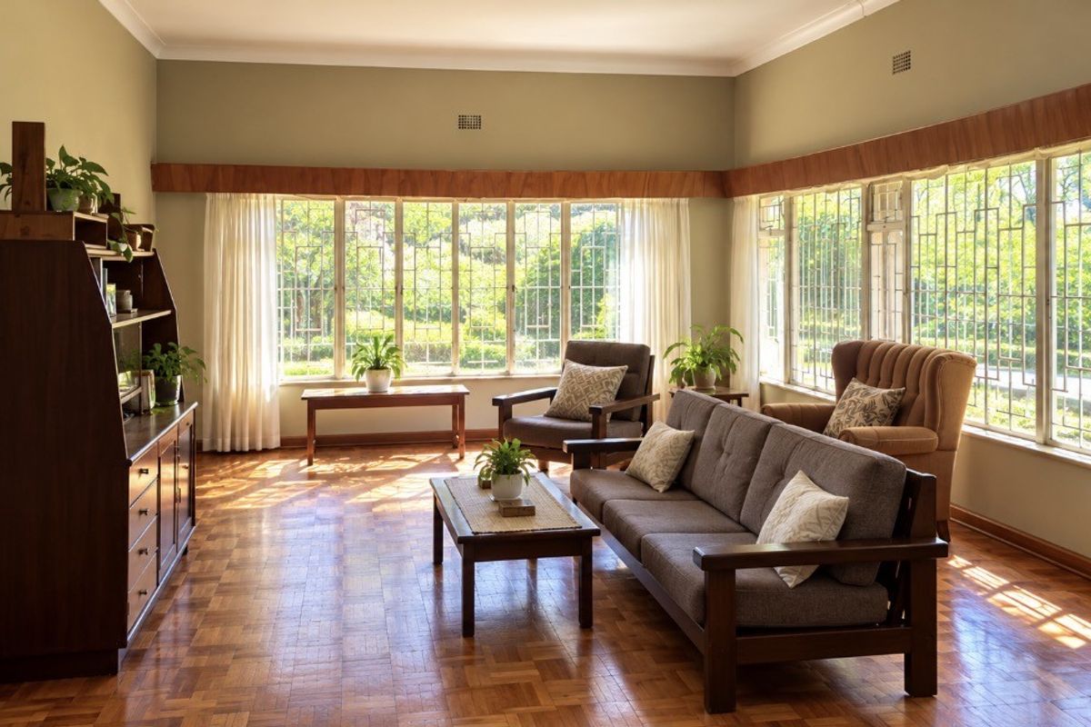 Spacious living room featuring classic parquet flooring, large windows with security bars, and wooden pelmets, offering a bright and inviting atmosphere.