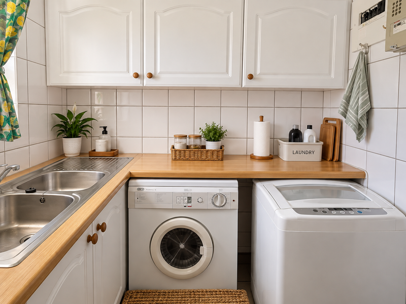 A functional laundry room featuring a double stainless steel sink, laminate countertop, wall-mounted storage cabinets, and tiled splashbacks.