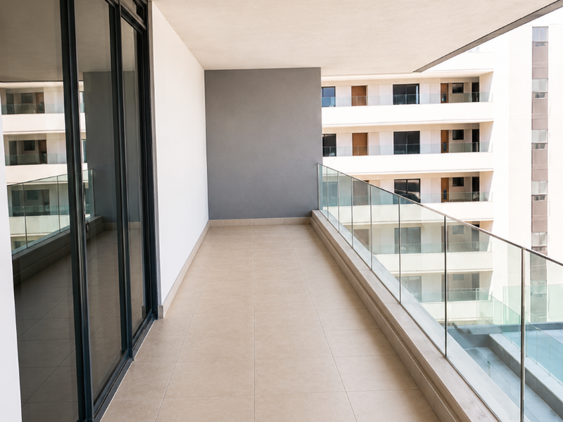 A clean, modern balcony featuring large format floor tiles, a sleek glass balustrade, and expansive sliding glass doors leading into the apartment.