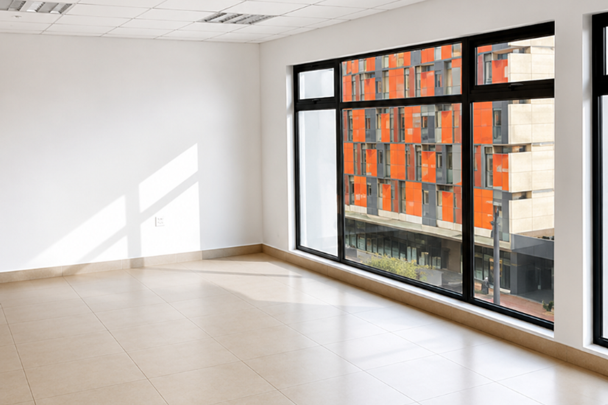 A bright, vacant office space featuring large windows, neutral ceramic floor tiles, and a professional suspended ceiling with integrated lighting.