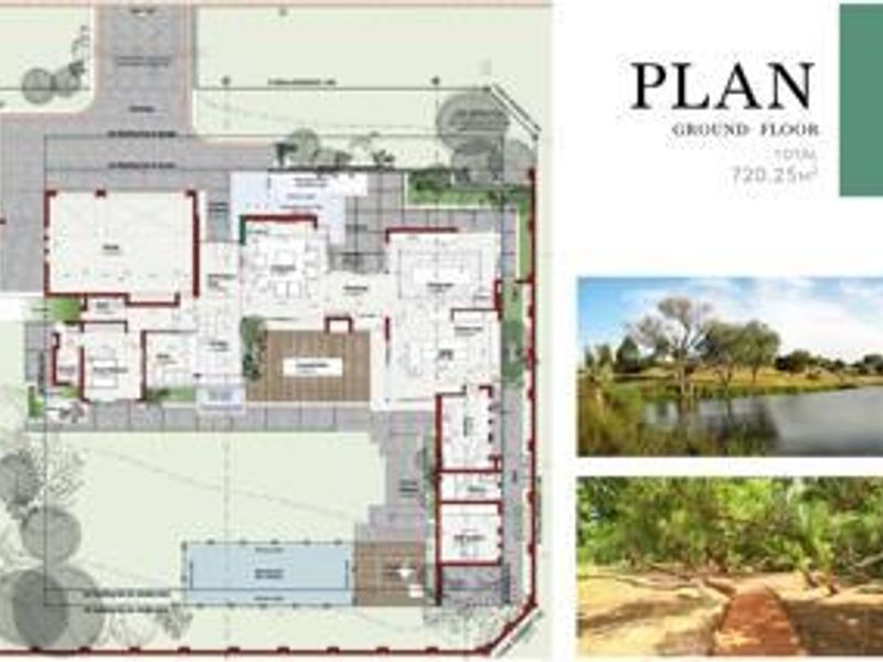 A ground floor architectural layout plan for a property, including supplementary images of the surrounding landscape and natural features.