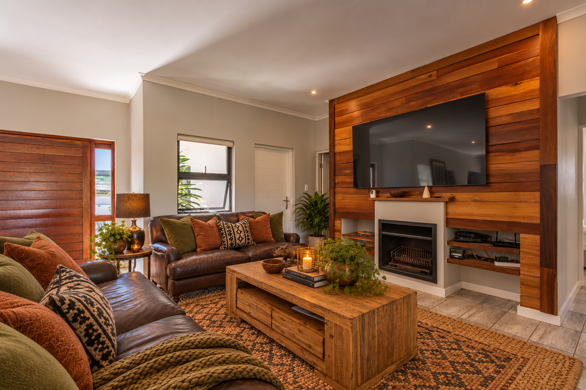 A cozy living room featuring a prominent wood-paneled feature wall with a built-in fireplace and tiled flooring.
