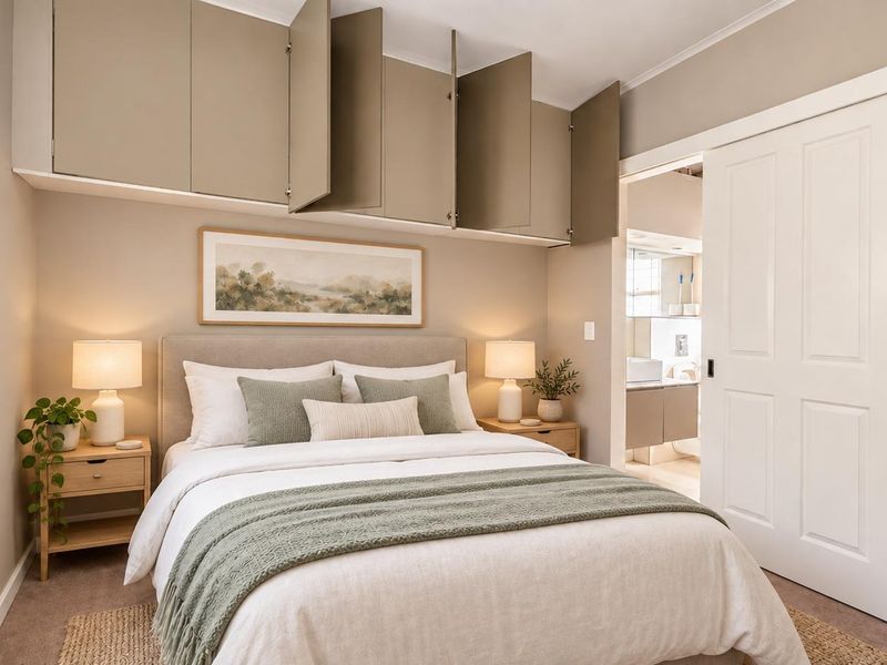 A well-maintained bedroom featuring built-in overhead storage cabinetry and a sliding door providing access to an adjoining bathroom.