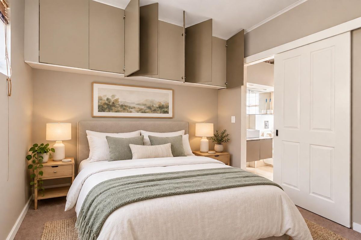 A well-maintained bedroom featuring built-in overhead storage cabinetry and a sliding door providing access to an adjoining bathroom.