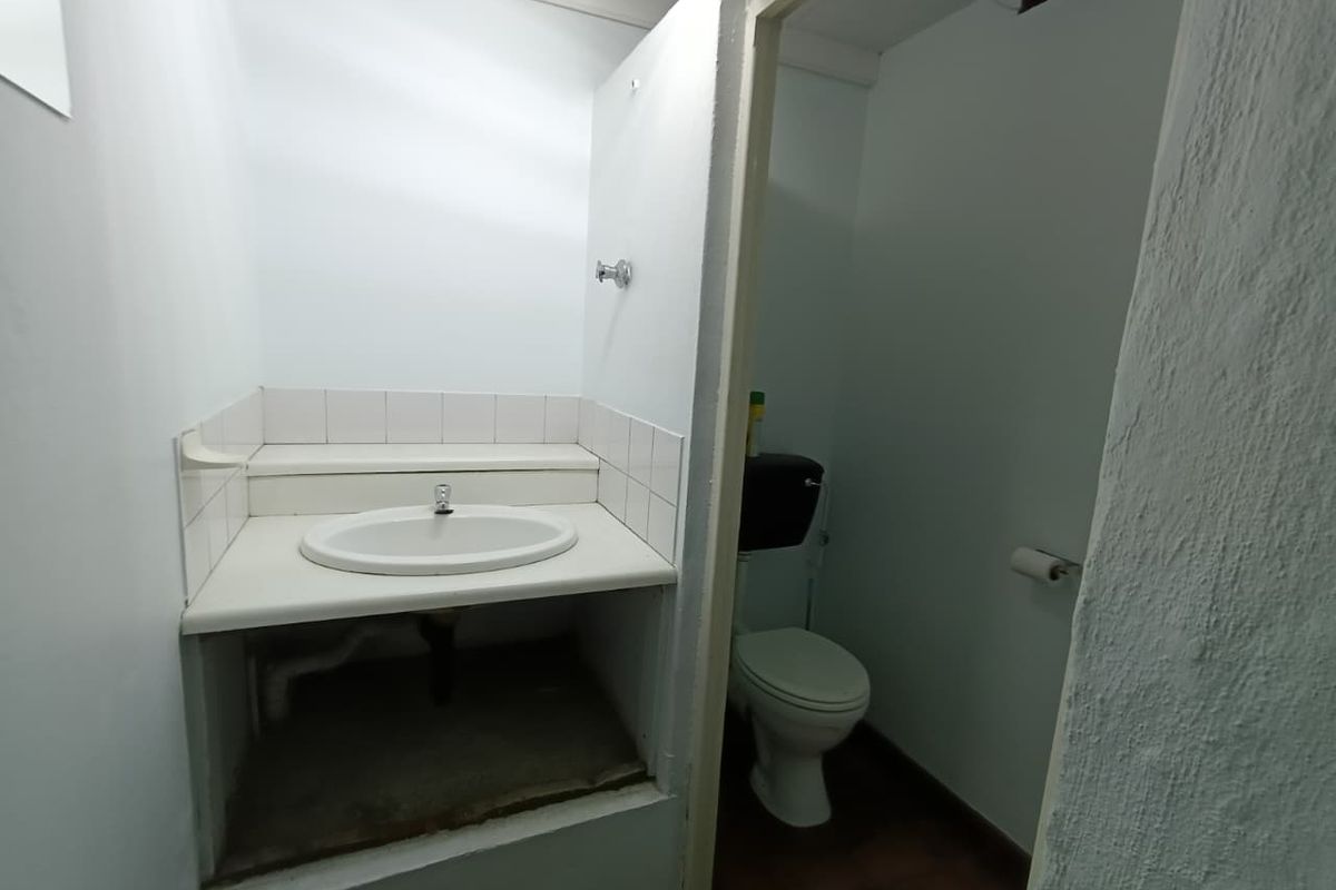 A functional bathroom featuring a built-in vanity with a ceramic basin and a separate toilet area, requiring cosmetic updates to finishes.