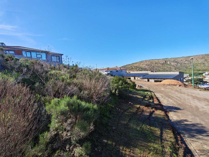 A view of a vacant residential plot featuring sloped terrain, native vegetation, and an unpaved access road in a developing neighborhood.