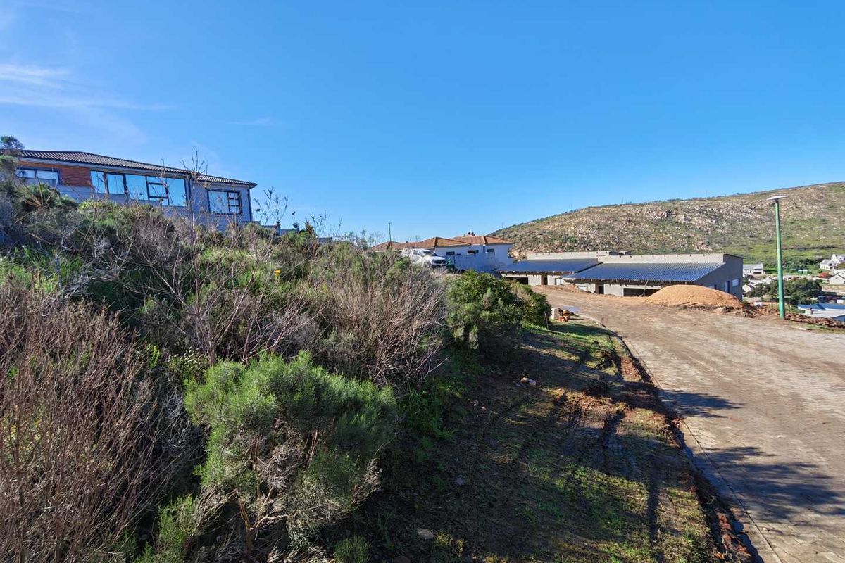 A view of a vacant residential plot featuring sloped terrain, native vegetation, and an unpaved access road in a developing neighborhood.