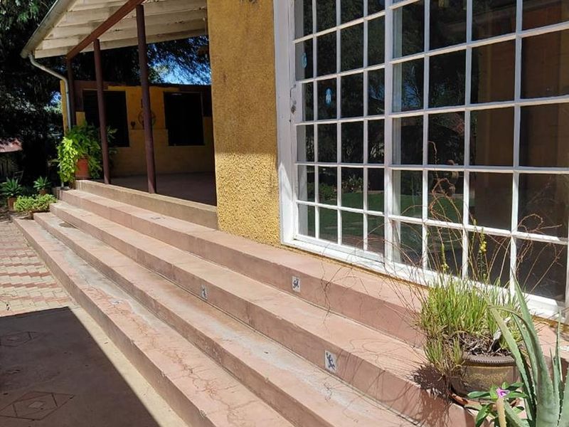A covered outdoor patio area featuring tiled steps and large grid-pattern glass doors leading into the home, with a textured yellow exterior finish.