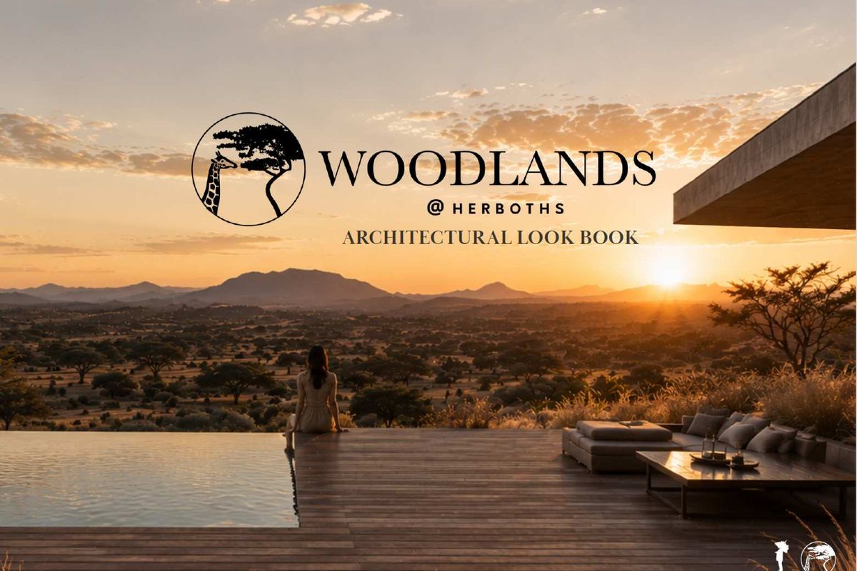A scenic sunset view overlooking a vast landscape, featuring a modern infinity pool and timber deck at Woodlands at Herboths.