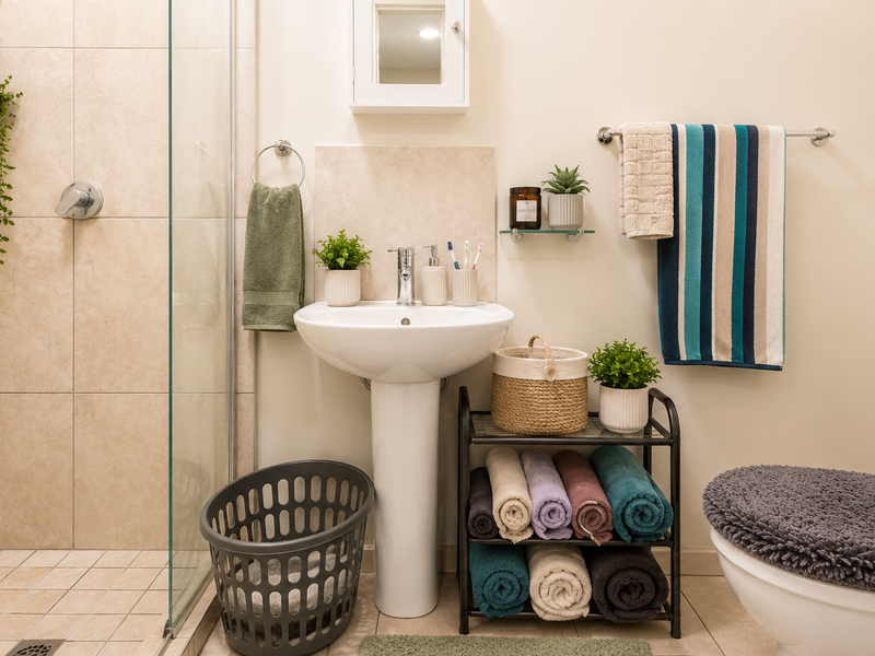 A well-maintained bathroom featuring a pedestal basin, glass-enclosed shower, and standard toilet, finished with neutral wall and floor tiling.