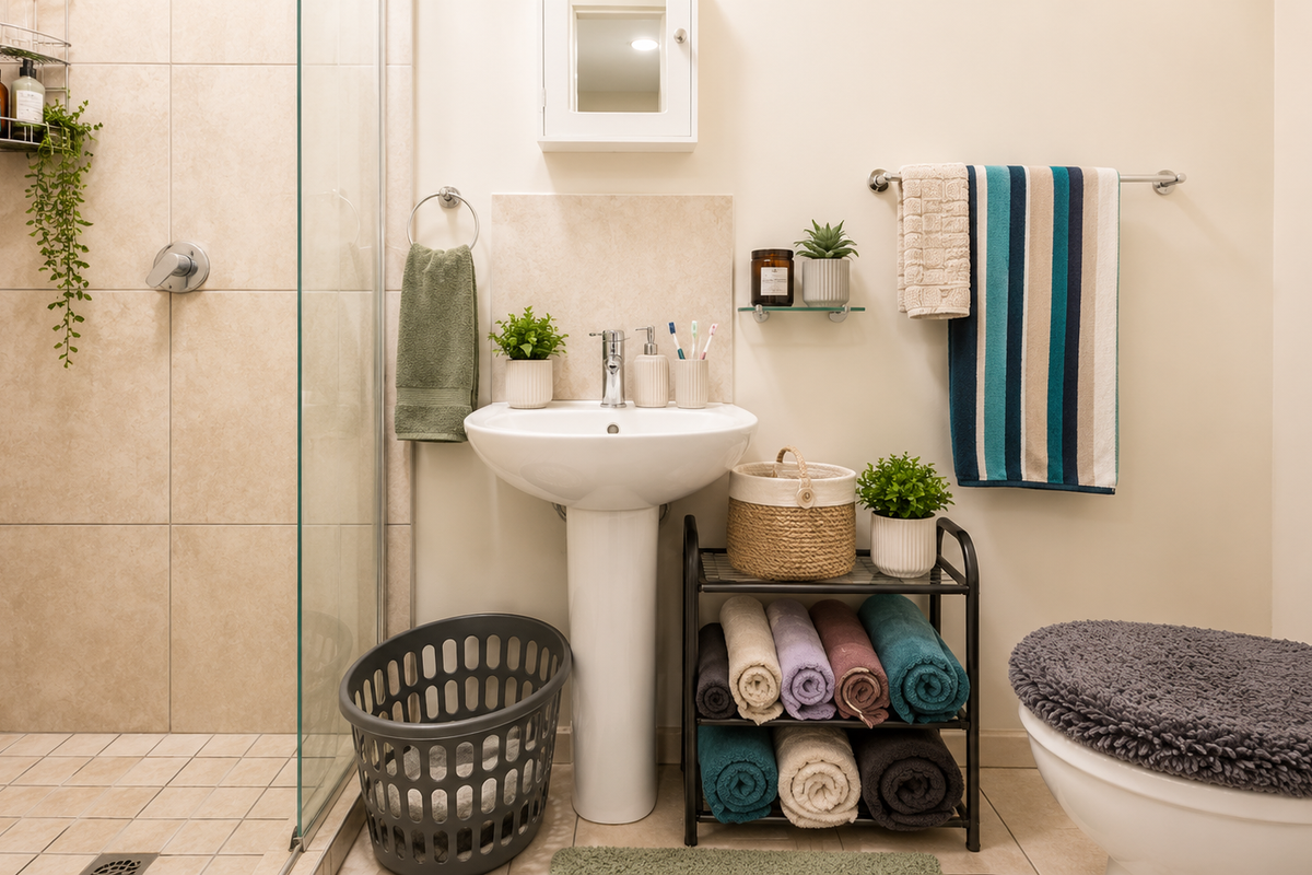 A well-maintained bathroom featuring a pedestal basin, glass-enclosed shower, and standard toilet, finished with neutral wall and floor tiling.