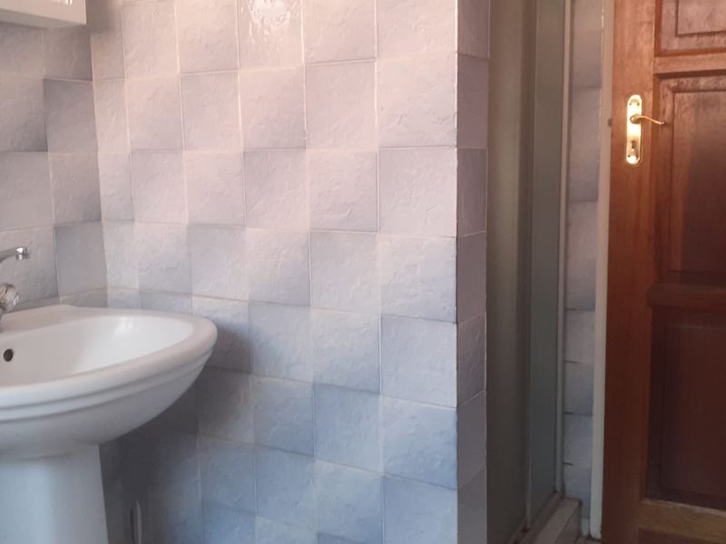 A functional bathroom featuring a pedestal basin with a mixer tap, tiled wall finishes, and a separate shower enclosure.