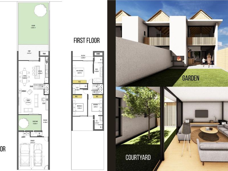 A digital architectural presentation showing floor plans, a rear garden view, and an open-plan living area overlooking a private courtyard.