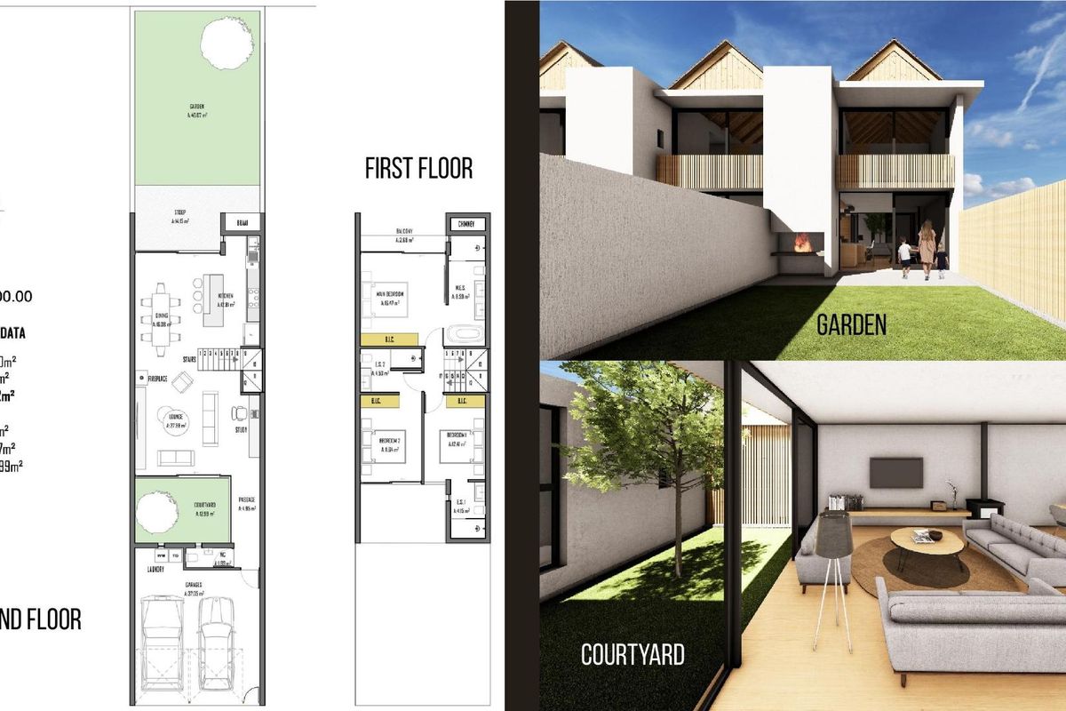 A digital architectural presentation showing floor plans, a rear garden view, and an open-plan living area overlooking a private courtyard.
