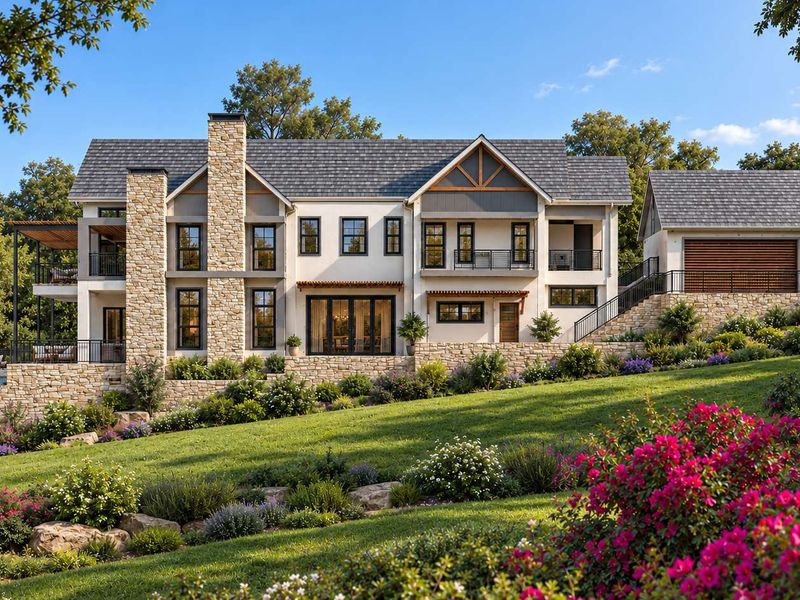 A stunning rear view of a luxury residence featuring stone masonry, multiple balconies, a swimming pool, and beautifully landscaped terraced gardens.