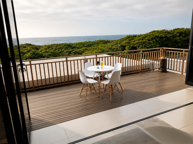Spacious balcony featuring composite decking, a secure metal balustrade, and seamless indoor-outdoor flow through large bi-fold doors with panoramic ocean views.