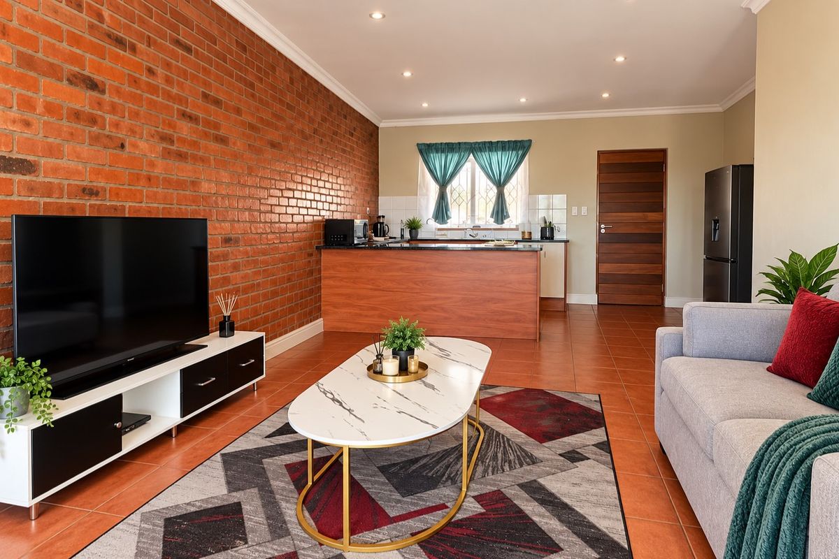An open-plan living and kitchen area featuring a striking exposed brick wall, tiled flooring, and a functional kitchen island with modern cabinetry.