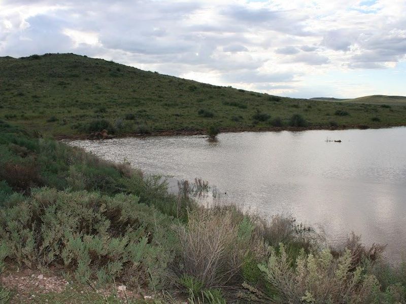 A scenic view of a natural farm dam set against rolling hills and a cloudy sky.