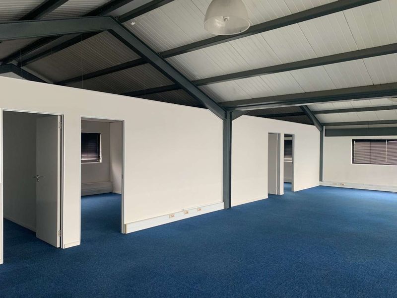 Spacious open-plan office area featuring exposed steel roof trusses, blue carpeting, and partitioned office rooms with natural light.
