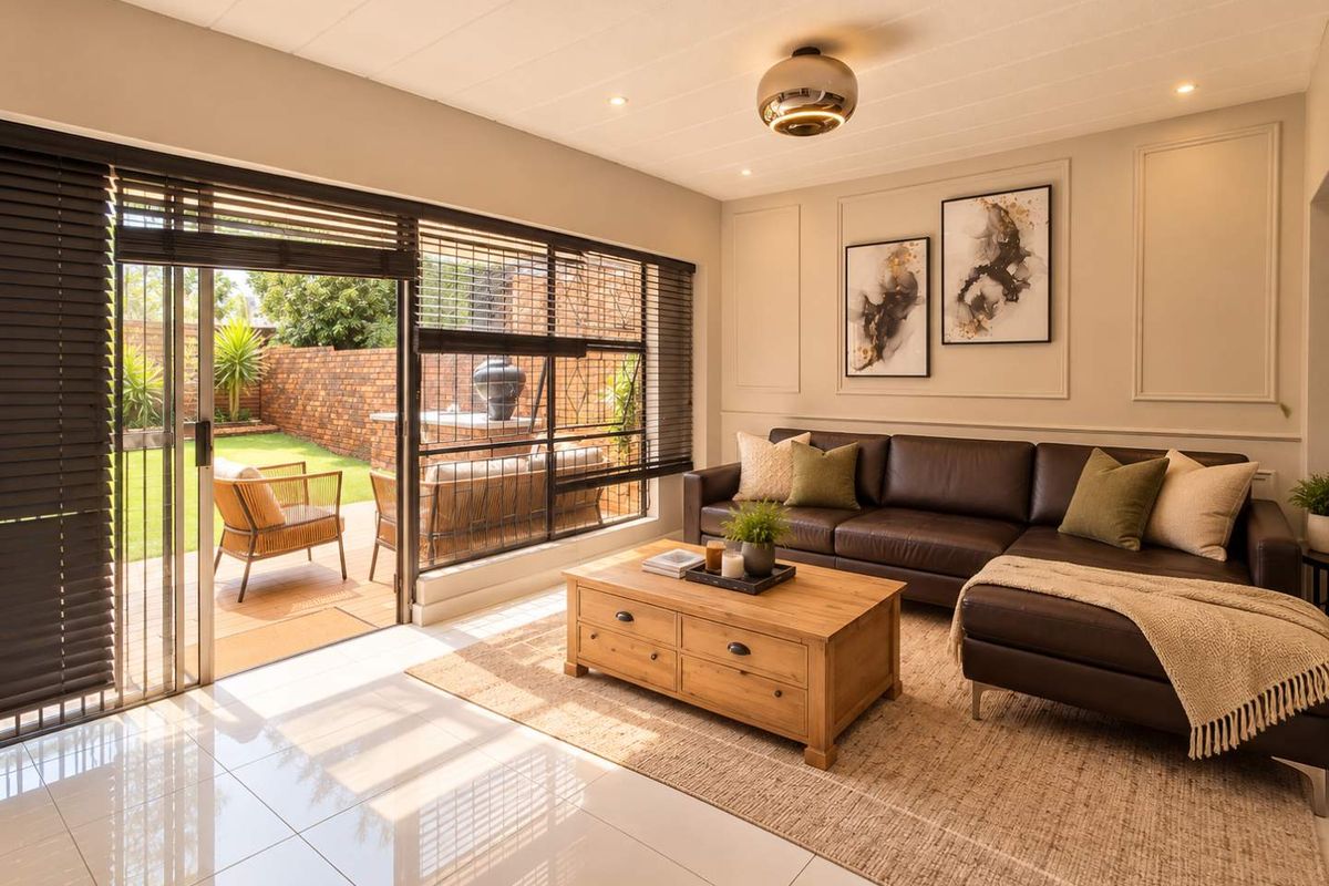 Bright living room featuring large sliding glass doors with venetian blinds, elegant wainscoting, and polished tile flooring, offering seamless access to the outdoor patio area.