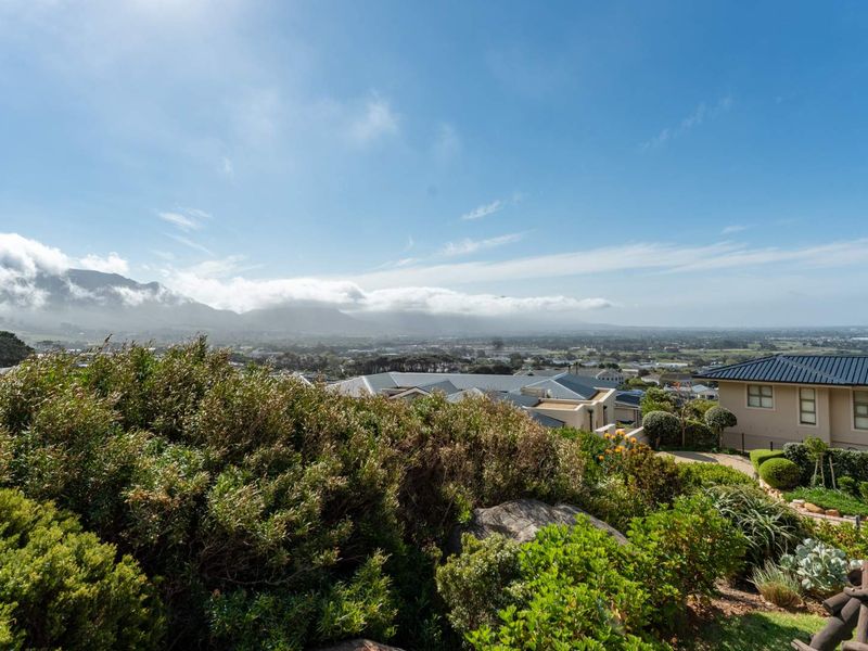 A scenic elevated view overlooking the surrounding residential estate and distant mountain range, framed by established garden landscaping.