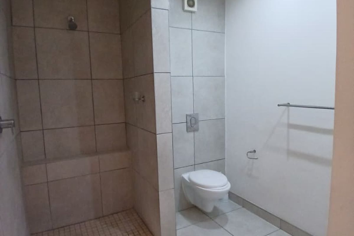 A modern bathroom featuring a walk-in shower with tiled flooring and a wall-mounted toilet with a concealed cistern.