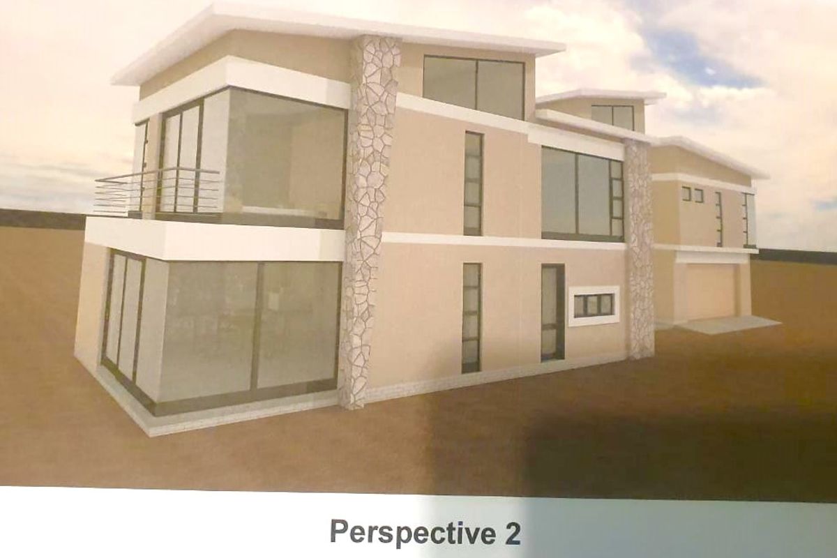 A 3D architectural rendering of a modern two-story house featuring stone cladding, large glass windows, and a balcony.