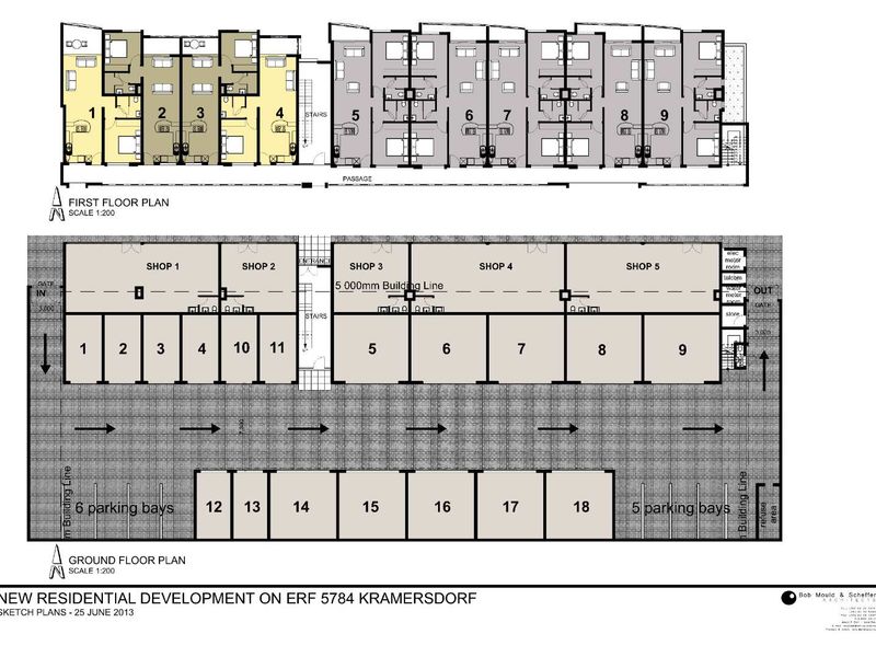 Architectural floor plan showing the ground and first floor layout for a residential development including parking bays and commercial shop spaces.