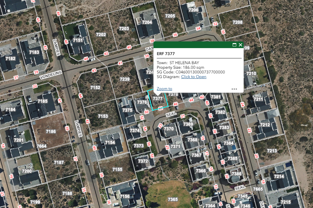 An aerial view of the property location in St Helena Bay, highlighting the plot boundaries and surrounding residential neighborhood layout.