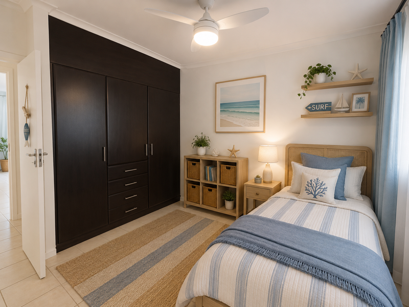A well-maintained bedroom featuring a large dark-toned built-in wardrobe, ceiling fan, and neutral tiled flooring, offering a clean and functional living space.
