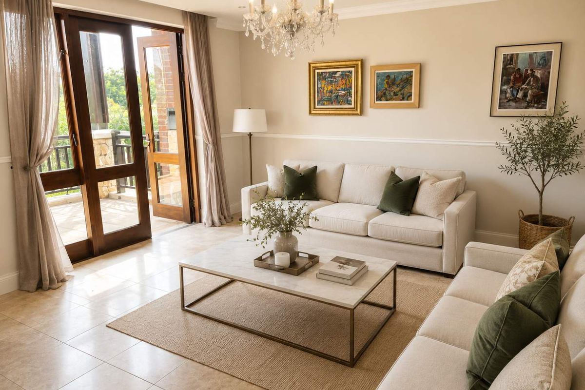 Elegant living room featuring tiled floors, crown molding, and timber-framed glass doors opening onto a private balcony.