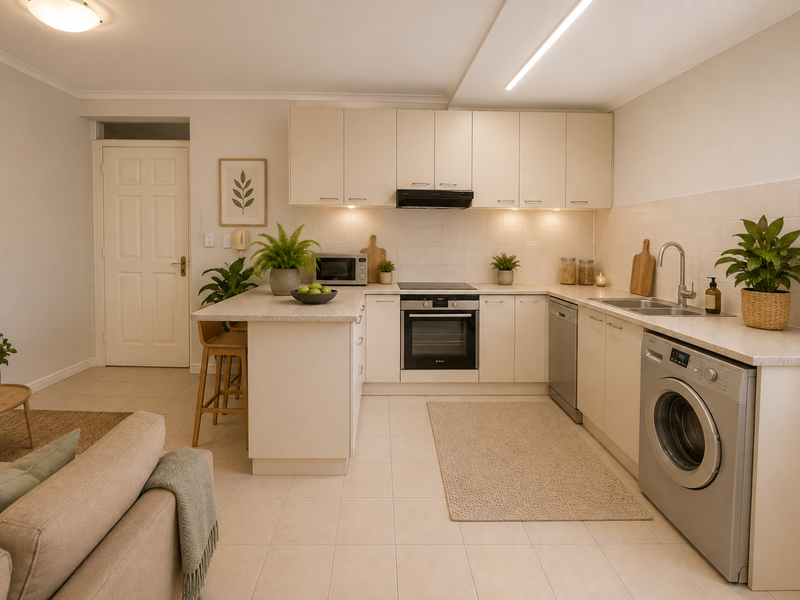 A well-maintained open-plan kitchen featuring neutral cabinetry, stone countertops, integrated appliances, and tiled flooring, seamlessly connecting to the living area.