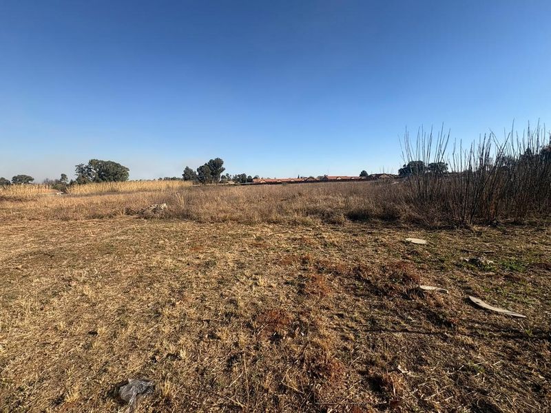 A wide-angle view of a vacant residential plot featuring dry natural vegetation and open space under a clear blue sky.